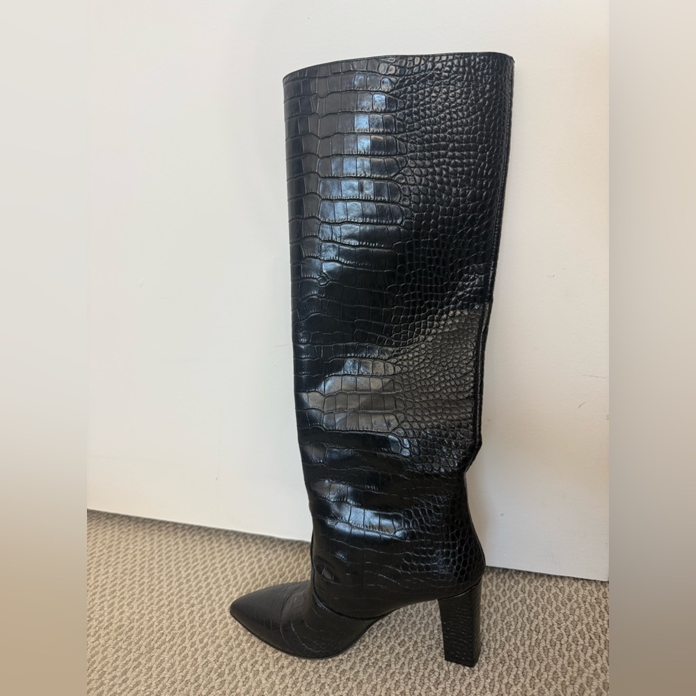 Chic Black Croc-Embossed Over the Knee Boots - Picture 2 of 3
